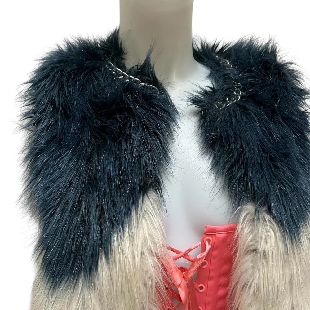 Guess Fur Vest Chain Detail Color Block Shaggy Chic Indie Sneeze‎ Boho Sz XSmall